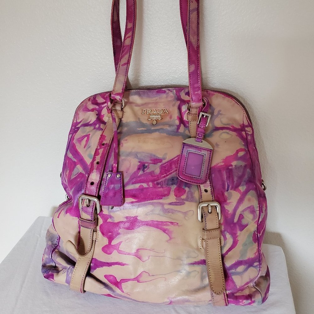 XL Prada Leather Purse tote hobo bag tie dyed painted pink beige purple tan blue - Picture 7 of 15
